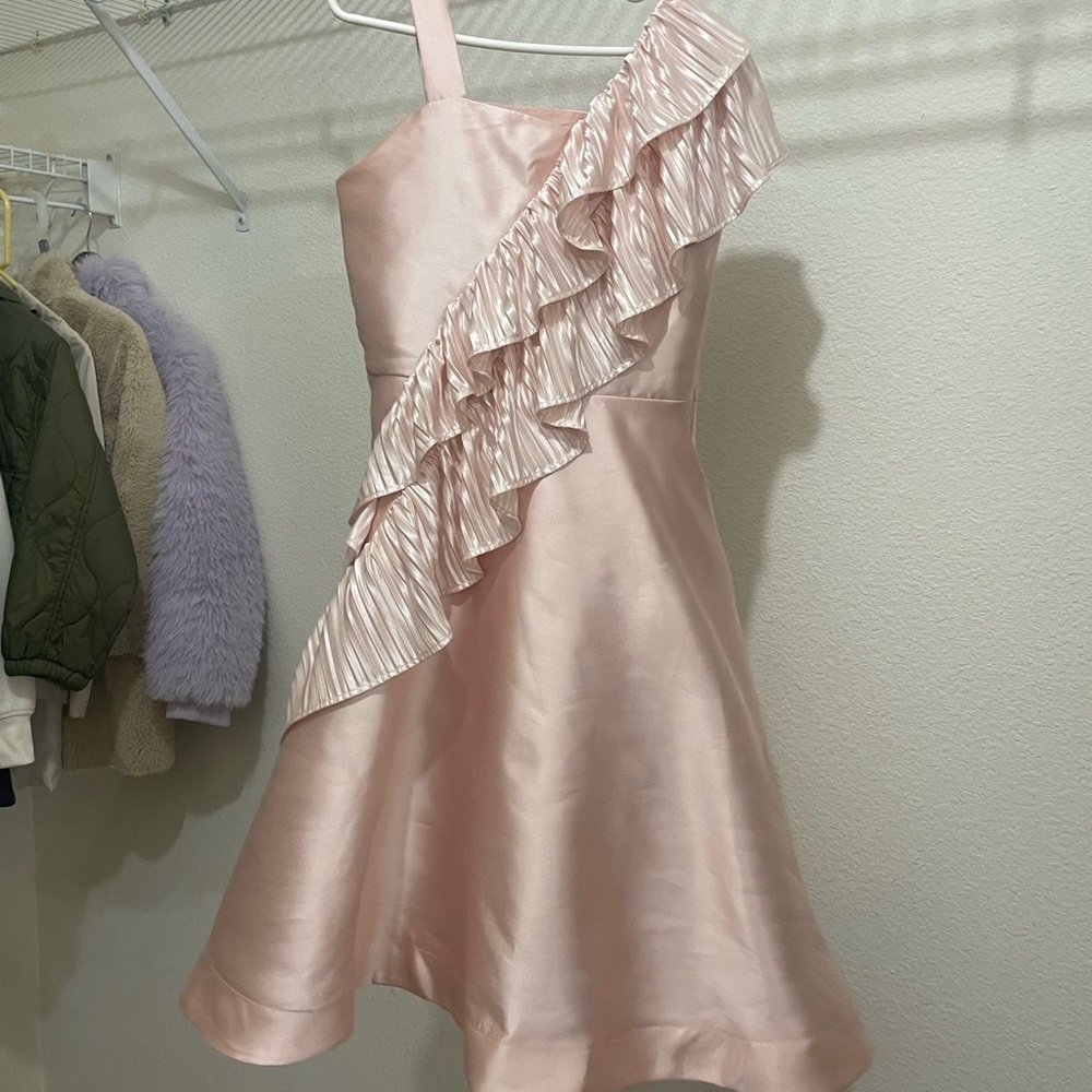 Bonnie Jean Blush Pink One-Shoulder Ruffled Satin Dress
